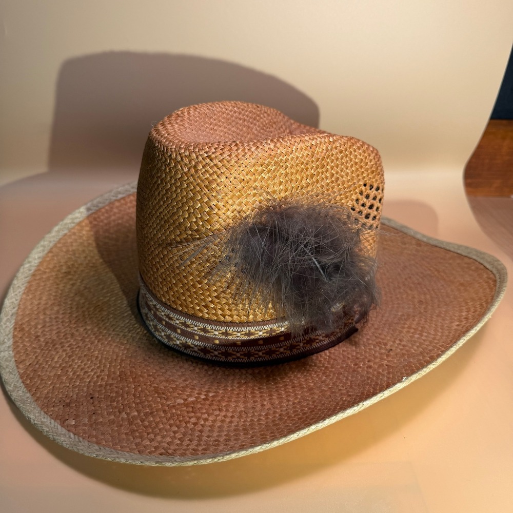 Dorfman Pacific STUDS Straw Cowboy Hat Tan Woven Feather Band Size 7 1/4 Vintage